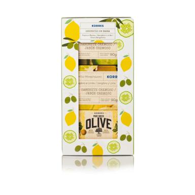 Kit Presente Korres Sabonetes em Barra Pepino e Bambu, Gengibre e Limão, Oliva e Bergamota 3 unidades com 90g cada