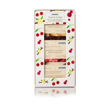 Kit Presente Korres Sabonetes em Barra Amêndoa e Cereja, Pimenta Rosa e Flor de Baunilha Mediterrânea 3 unidades com 90g cada