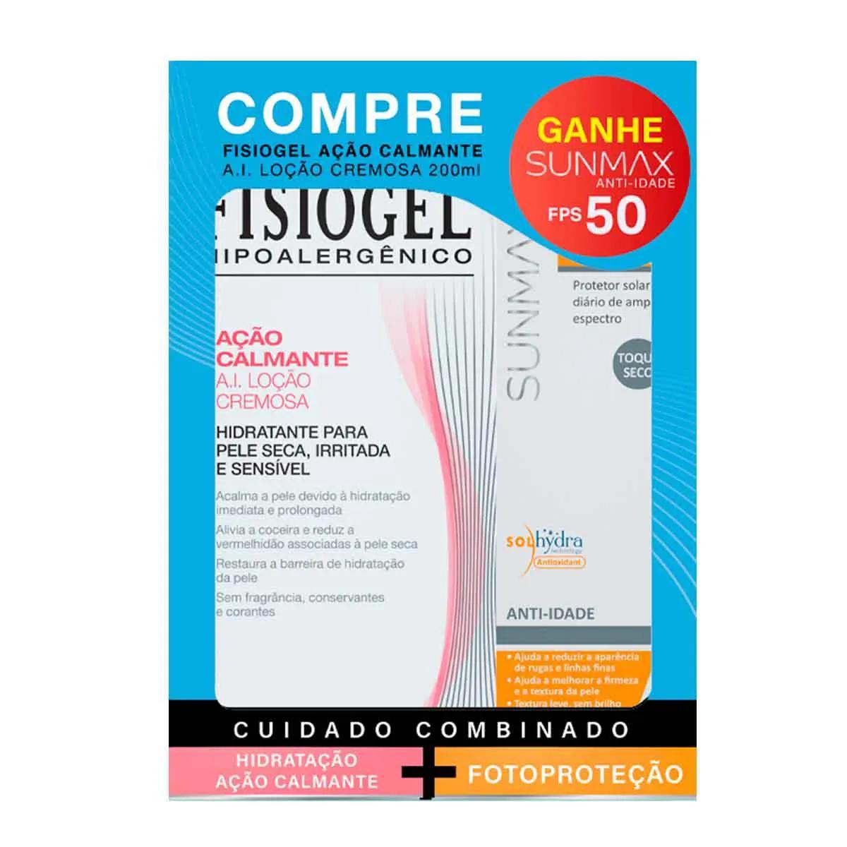 Kit Loção Cremosa Fisiogel Ação Calmante A.I. 200ml + Protetor Solar Facial Sunmax Anti-Idade FPS 50 60ml Grátis