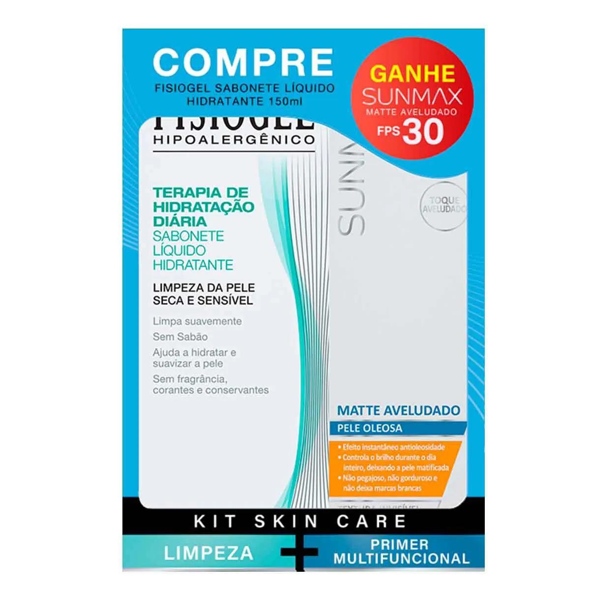 Kit Sabonete Líquido Fisiogel Terapia de Hidratação Diária 150ml + Protetor Solar Facial Sunmax Matte Aveludado FPS 30 50g Grátis