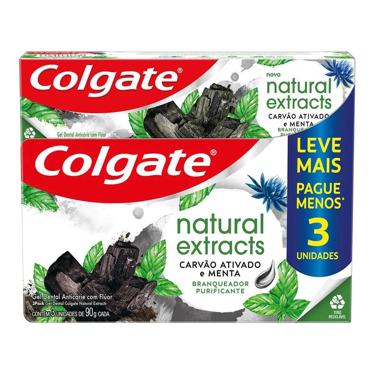Kit Pasta de Dente Colgate Natural Extracts Carvão Ativado e Menta 3 unidades de 90g cada