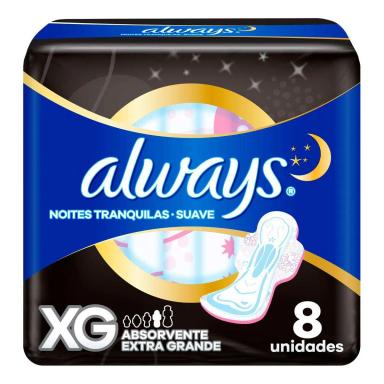 Absorvente Always Noites Tranquilas Cobertura Suave XG com Abas 8 Unidades