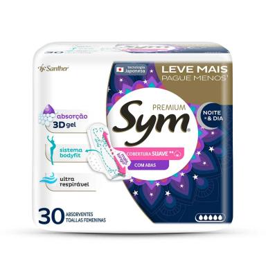 Absorvente Noturno Sym Premium Noite & Dia Cobertura Suave Com Abas 30 Unidades