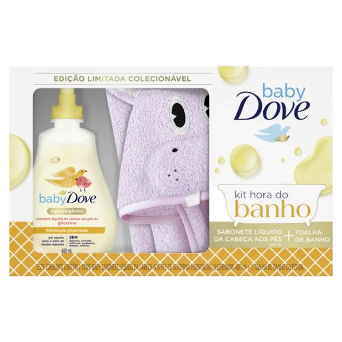 Kit Dove Baby Hora do Banho Sabonete Líquido Hidratação Glicerinada 400ml + Toalha de Banho Hipopótamo