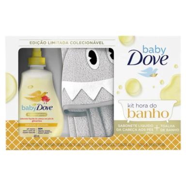 Kit Dove Baby Hora do Banho Sabonete Líquido Hidratação Glicerinada 400ml + Toalha de Banho Tubarão