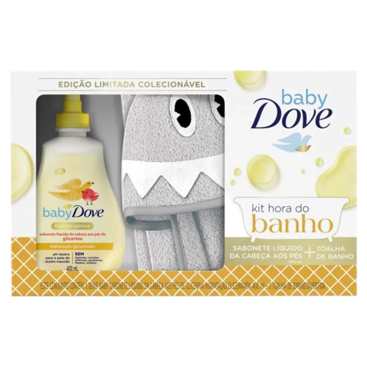 Kit Dove Baby Hora do Banho Sabonete Líquido Hidratação Glicerinada 400ml + Toalha de Banho Tubarão