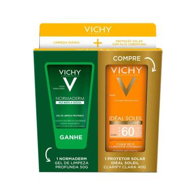 Kit Vichy Protetor Solar Idéal Soleil Clarify Clara FPS 60 40g + Gel de Limpeza Profunda Normaderm 50g