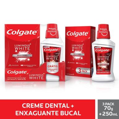 Kit Colgate Luminous White Brilliant Mint com 3 pastas de dente de 70g + 1 enxaguante bucal de 250ml