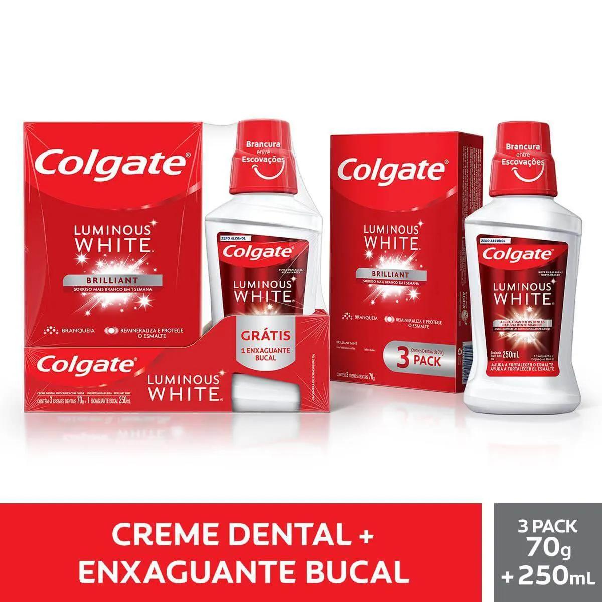 Kit Colgate Luminous White Brilliant Mint com 3 pastas de dente de 70g + 1 enxaguante bucal de 250ml