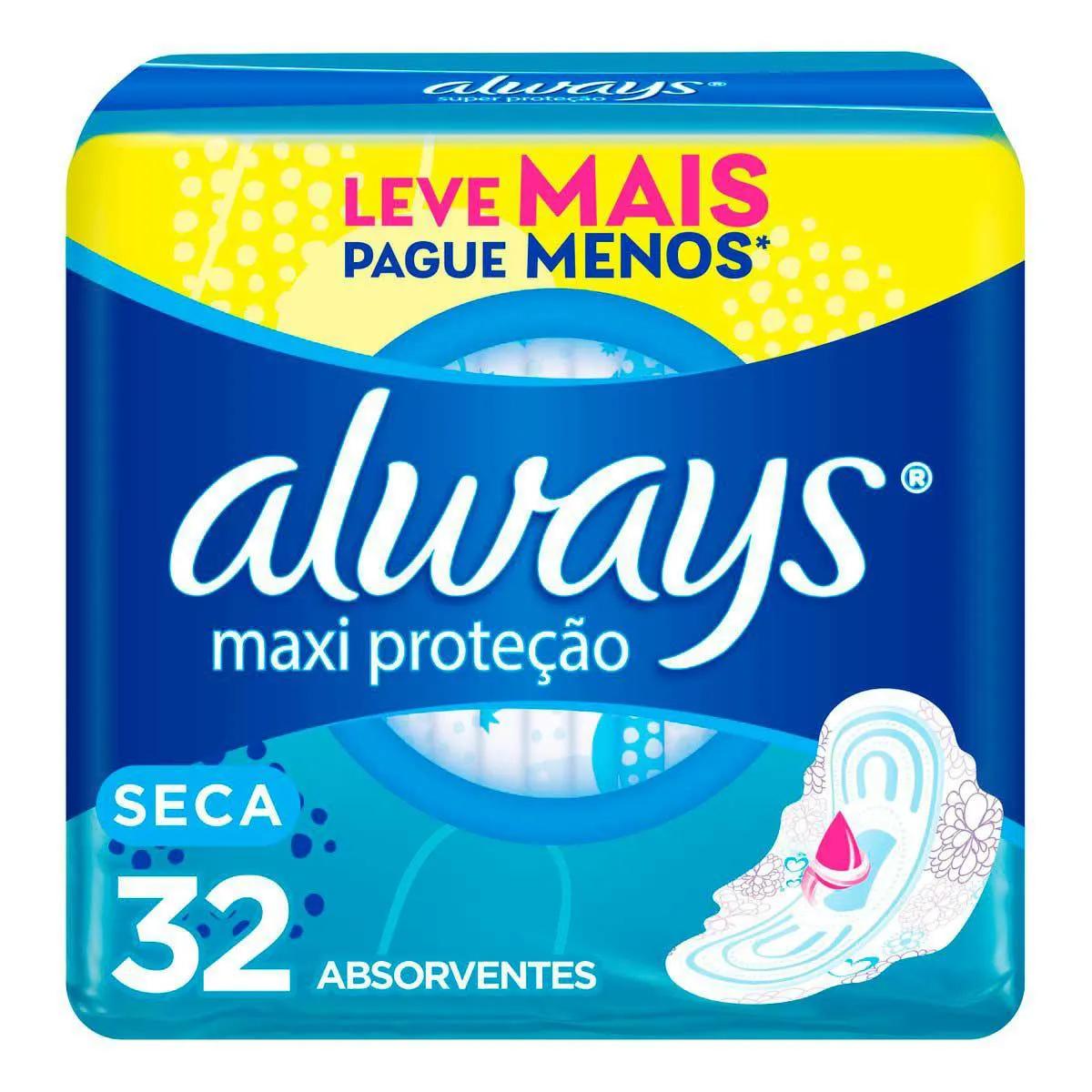 Absorvente Always Maxi Proteção Seca com Abas com 32 Unidades