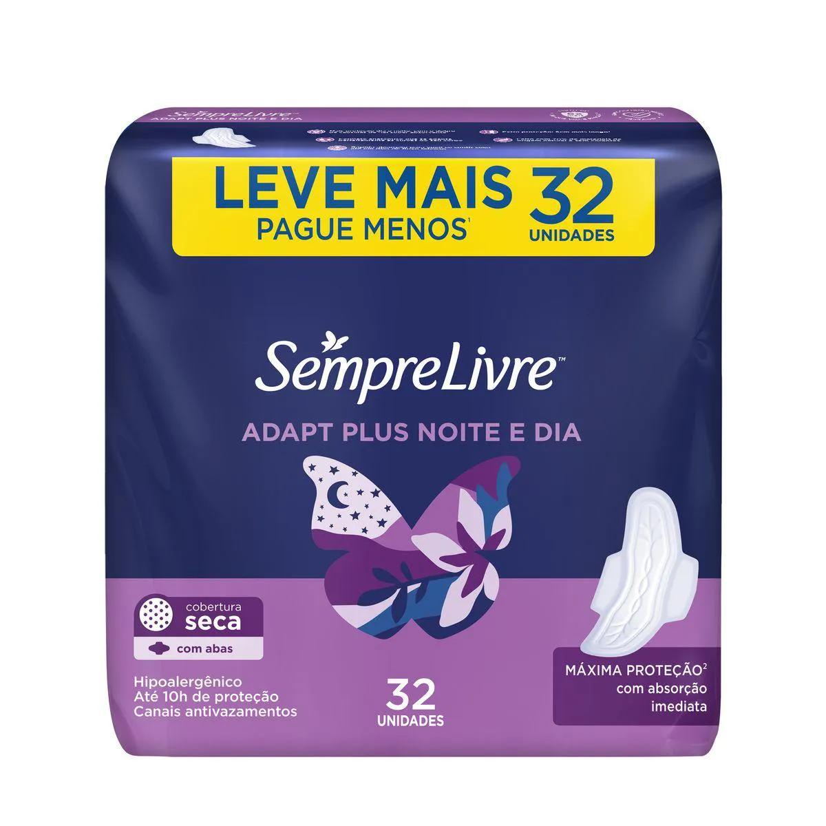 Absorvente Sempre Livre Adapt Plus Noite e Dia Cobertura Seca Com Abas 32 unidades
