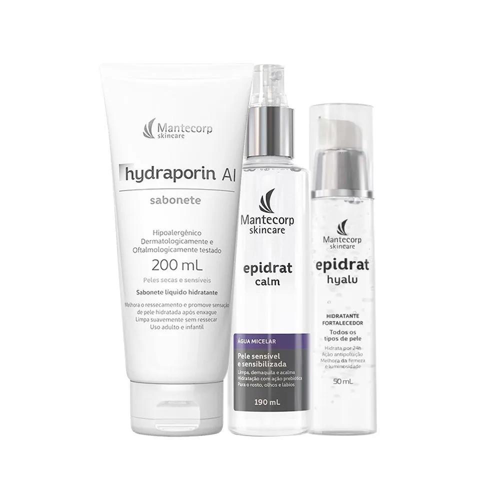 KIT FACIAL MANTECORP EPIDRAT - SABONETE DE LIMPEZA HYDRAPORIN E ÁGUA MICELAR E GEL HIDRATANTE FORTALECEDOR 50ML