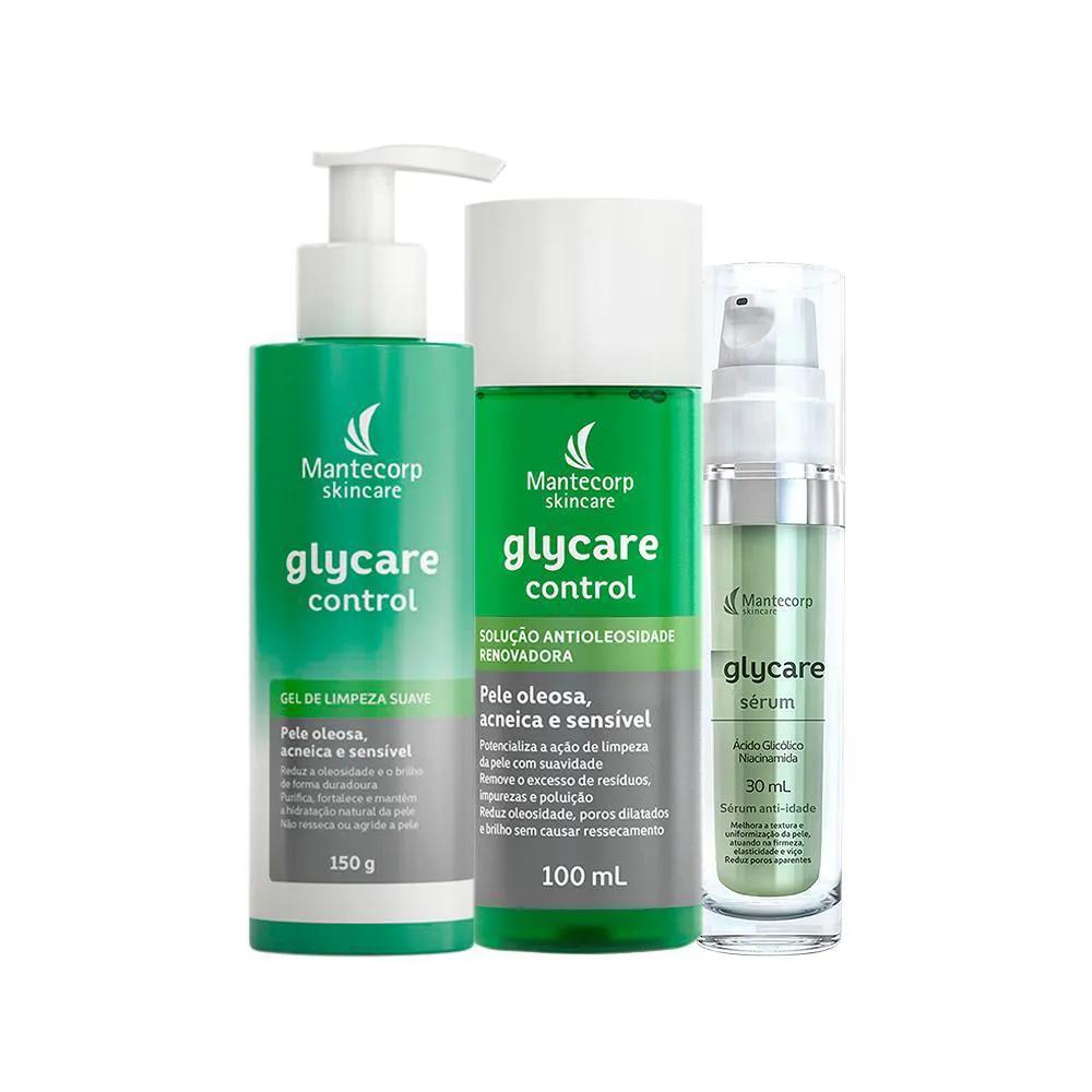 KIT FACIAL MANTECORP GLYCARE - GEL E SOLUçãO ANTIOLEOSIDADE E SéRUM ANTI-IDADE 30ML