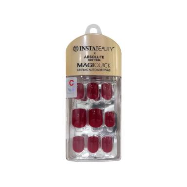 ABSOLUTE NEW YORK MAGIQUICK UNHAS POSTIçAS CURTA AUTOCOLANTE QUADRADA BURGUNDY RED 24 UNIDADES