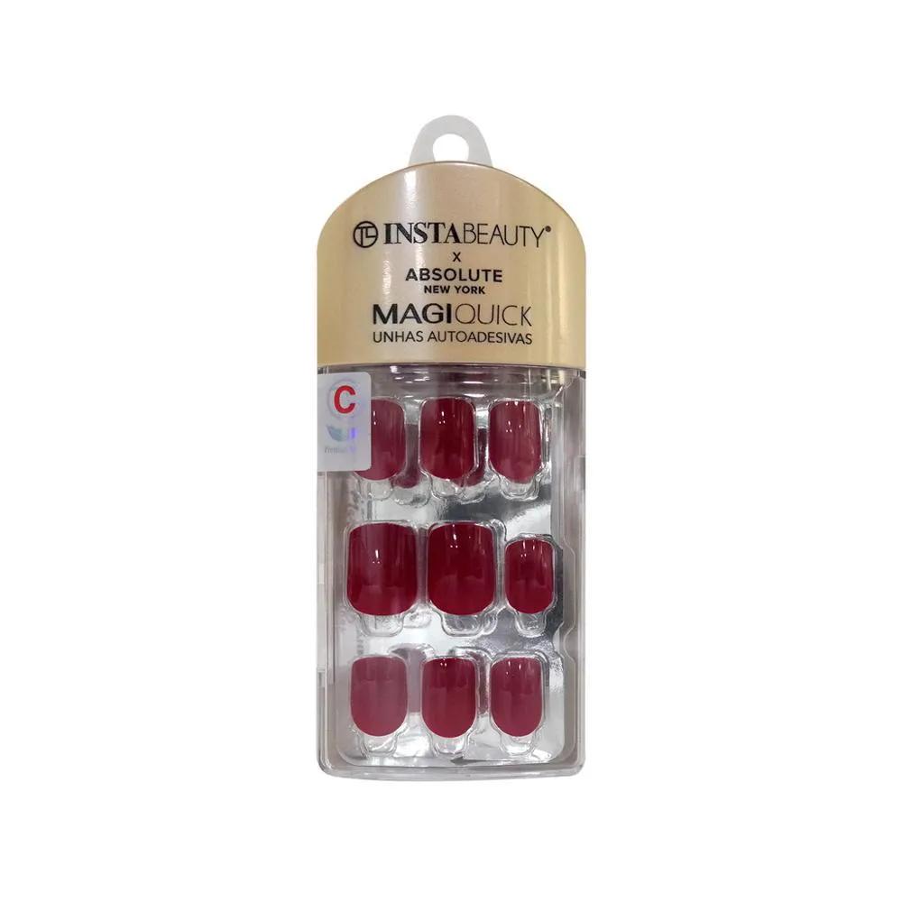 ABSOLUTE NEW YORK MAGIQUICK UNHAS POSTIçAS CURTA AUTOCOLANTE QUADRADA BURGUNDY RED 24 UNIDADES