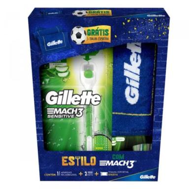 KIT GILLETTE MACH3 SENSITIVE - 1 APARELHO DE BARBEAR RECARREGáVEL + 2 CARGAS + TOALHA