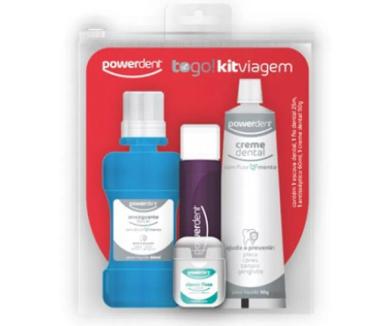 KIT POWERDENT VIAGEM ESCOVA DENTAL + CREME DENTAL + FIO DENTAL + ENXAGUANTE BUCAL