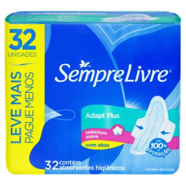 ABSORVENTE COM ABAS SEMPRE LIVRE ADAPT PLUS COM 32 UNIDADES - LEVE MAIS PAGUE MENOS