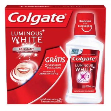 KIT COLGATE LUMINOUS WHITE BRILLIANT MINT COM 3 PASTAS DE DENTE DE 70G + 1 ENXAGUANTE BUCAL DE 250ML