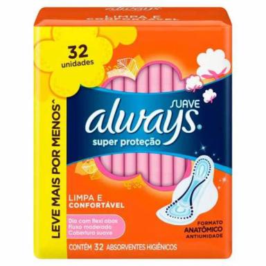ABSORVENTE ALWAYS SUPER PROTEÇÃO COBERTURA SUAVE COM ABAS 32 UNIDADES LEVE MAIS POR MENOS