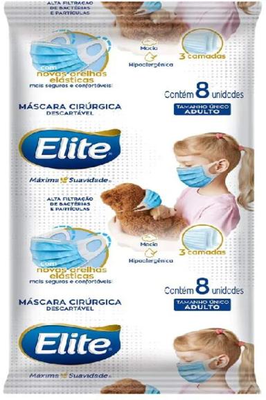 MÁSCARA DE PROTEÇÃO CIRÚRGICA TRIPLA ELITE ORELHA ELASTIZADA 8 UNIDADES