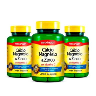 KIT 3 CáLCIO MAGNéSIO ZINCO VITAMINA D 60 CAPSULAS MAXINUTRI