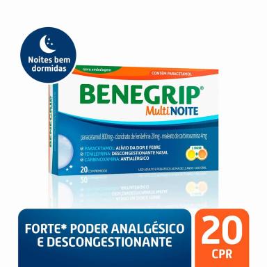 Benegrip MultiNoite Paracetamol 800mg + Cloridrato Fenillefrina 20mg + Maleato de Carbinoxamina 4mg 20 comprimidos