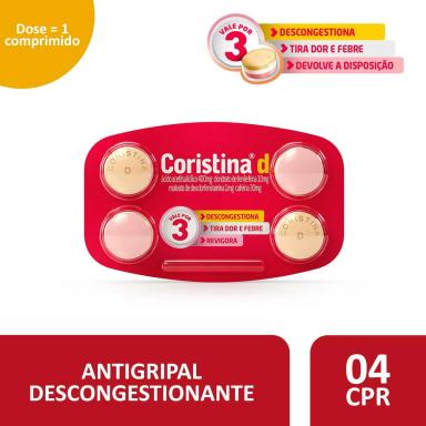 Coristina D Ácido Acetilsalicílico 400mg + Maleato de Dexclorfeniramina 1mg + Cloridrato de Fenilefrina 10mg + Cafeína 30mg 4 comprimidos