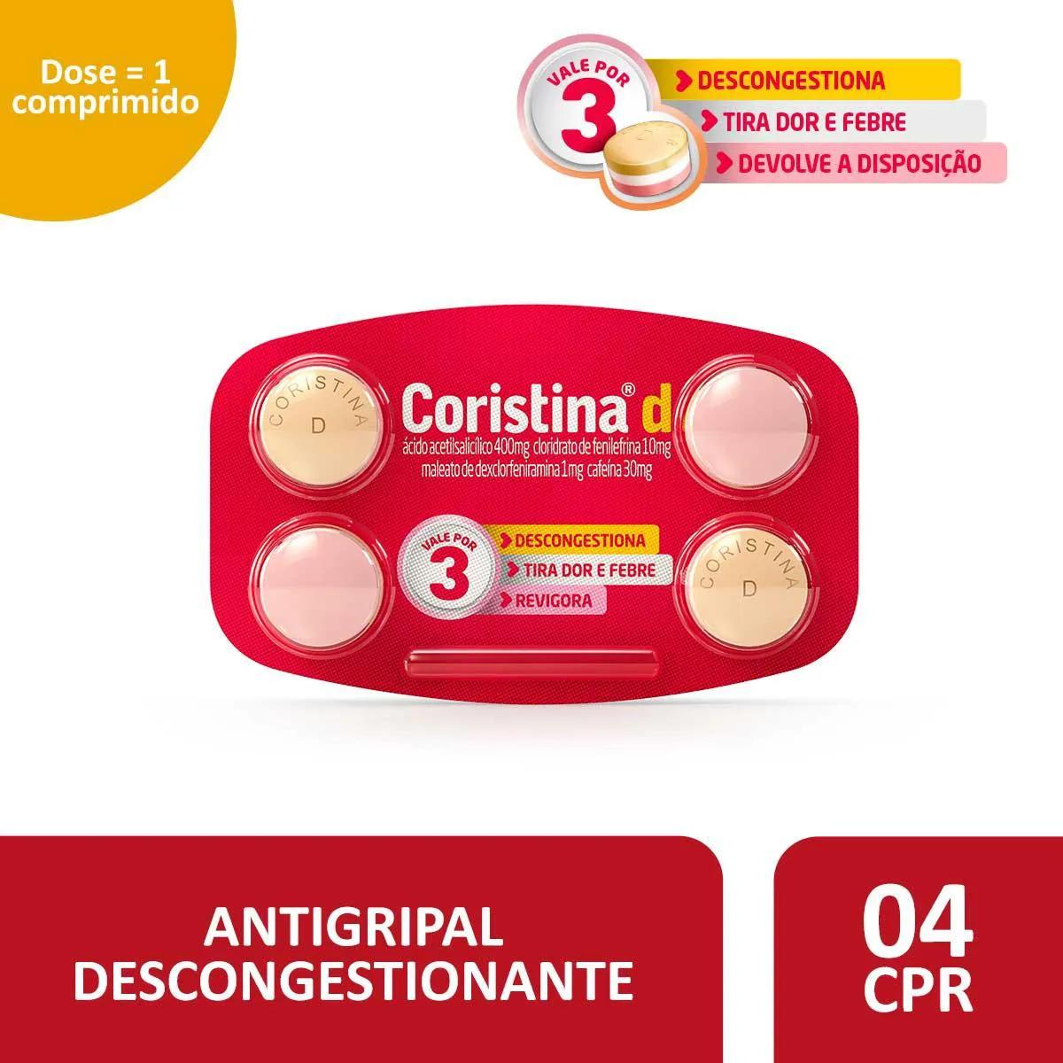Coristina D Ácido Acetilsalicílico 400mg + Maleato de Dexclorfeniramina 1mg + Cloridrato de Fenilefrina 10mg + Cafeína 30mg 4 comprimidos