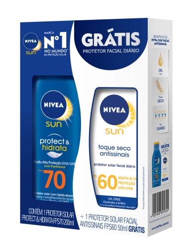 Kit Nivea Protetor Solar Corporal Sun Protect & Hidrata FPS 70 com 200ml + Protetor Solar Facial Antissinais FPS 60 com 50ml