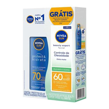 Kit Nivea Sun Protetor Solar Protect & Hidrata FPS 70 200ml + Facial Beauty Expert Pele Oleosa FPS 60 50g