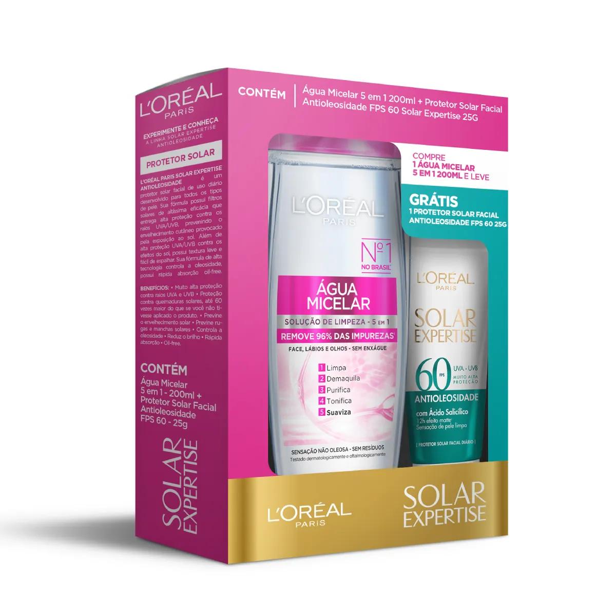 Kit L'Oréal Água Micelar 5 em 1 200ml + Protetor Solar Facial Expertise Antioleosidade FPS 60 25g