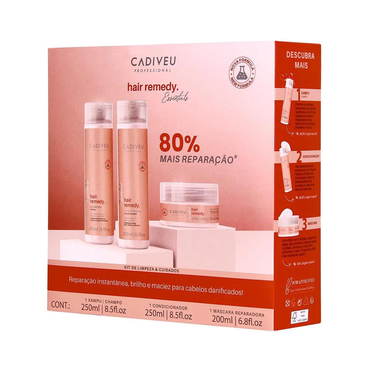 Kit Cadiveu Professional Hair Remedy Reparação Shampoo 250ml + Condicionador 250ml + Máscara 200ml
