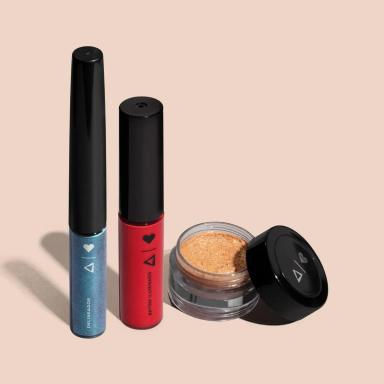 COMBO QDB BEATS: DELINEADOR LíQUIDO PEEL OFF AZUL 3,2ML + GLITTER EM GEL ROSE GOLD 5G + BATOM GLOSS VERMELHO DO ROLê 5,4ML