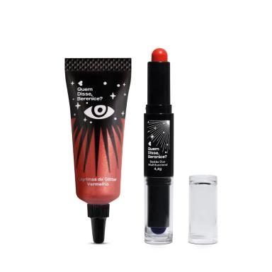 COMBO HALLOWEEN QDB: LáGRIMAS DE GLITTER VERMELHO 9ML + BASTãO DUO LARANJA E ROXO 4,4G