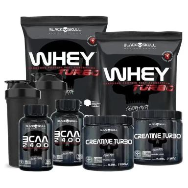 KIT 2 WHEY PROTEIN TURBO + BCAA + CREATINA - BLACK SKULL Morango