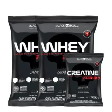 KIT 2 WHEY PROTEIN TURBO 907G + CREATINA TURBO 500G - BLACK SKULL CHOCOLATE