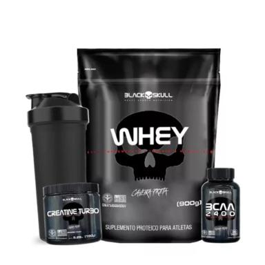 KIT WHEY 900G + BCAA 30 CAPS + CREATINA 150G - BLACK SKULL Morango