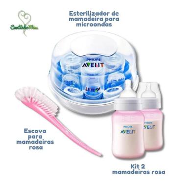 KIT ESTERILIZADOR PARA MICROONDAS + ESCOVA PARA MAMADEIRA + 2 MAMADEIRAS ROSA - AVENT
