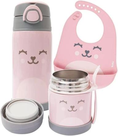 KIT ALIMENTACAO INFANTIL BABADOR + GARRAFA E POTE TERMICO ROSA - BUBA