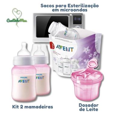 KIT 2 MAMADEIRAS ROSA + DOSADOR DE LEITE + SACOS PARA ESTERELIZAÇÃO MICROONDAS - AVENT