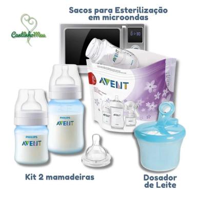 KIT 2 MAMADEIRAS AZUL + DOSADOR DE LEITE + SACOS PARA ESTERELIZAÇÃO MICROONDAS - AVENT