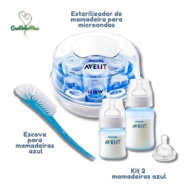 KIT ESTERILIZADOR PARA MICROONDAS + ESCOVA PARA MAMADEIRA + 2 MAMADEIRAS AZUL - AVENT