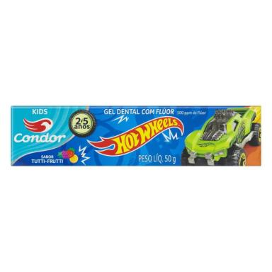 GEL DENTAL COM FLúOR TUTTI FRUTTI HOT WHEELS CONDOR KIDS CAIXA 50G