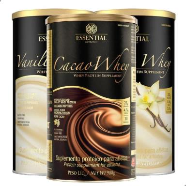 KIT 3 WHEY PROTEIN CACAU/BAUNILHA 900G ESSENTIAL NUTRITION