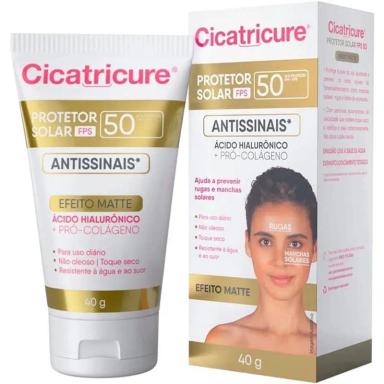 PROTETOR SOLAR ANTISSINAIS COM ÁCIDO HIALURôNICO E PRó COLáGENO FPS 50 CICATRICURE 40G