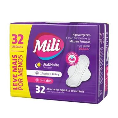 ABSORVENTE MILI DIA &amp;amp;AMP; NOITE SUAVE C/ABAS PACOTE DE 32 UNIDADES