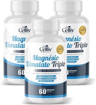 KIT COM 3 MAGNéSIO DIMALATO TRIPLO (DIMALATO, QUELATO E CLORETO DE MAGNéSIO P.A) 60 CAPS CELLIV