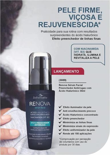 KIT COM 2 RENOVA SéRUM FACIAL PREENCHEDOR ANTIRRUGAS COM ÁCIDO HIALURôNICO 30ML SOFISTICATTO