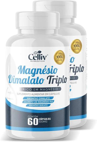 KIT COM 2 MAGNéSIO DIMALATO TRIPLO (DIMALATO, QUELATO E CLORETO DE MAGNéSIO P.A) 60 CAPS CELLIV
